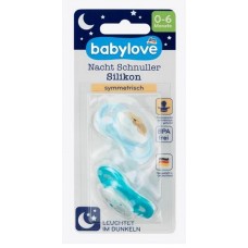 Babylove Соска ночная силиконовая, синяя/бирюзовая, размер. 1, 0-6 месяцев, 2 шт.